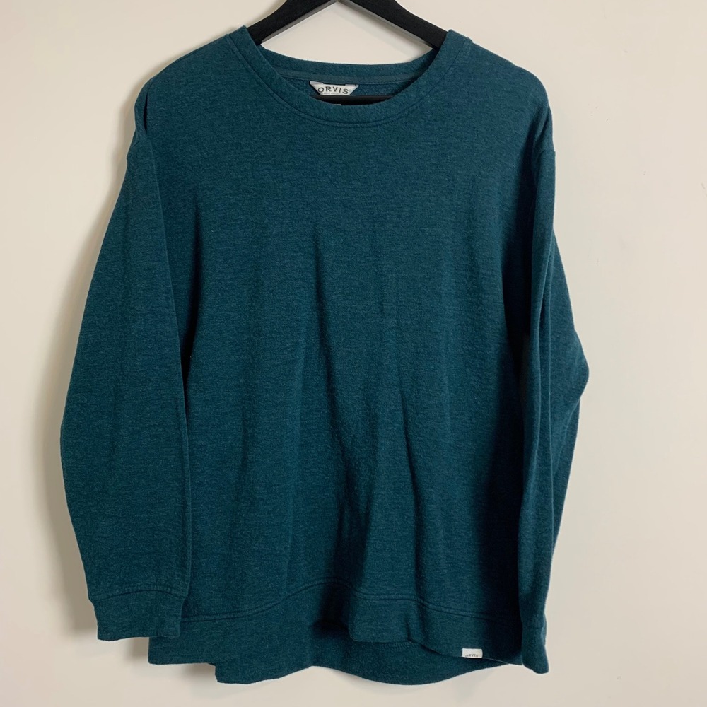 Orvis Sweatshirt Mens M Teal Modal Blend Fleece Crewneck Long Sleeve Cozy Casual